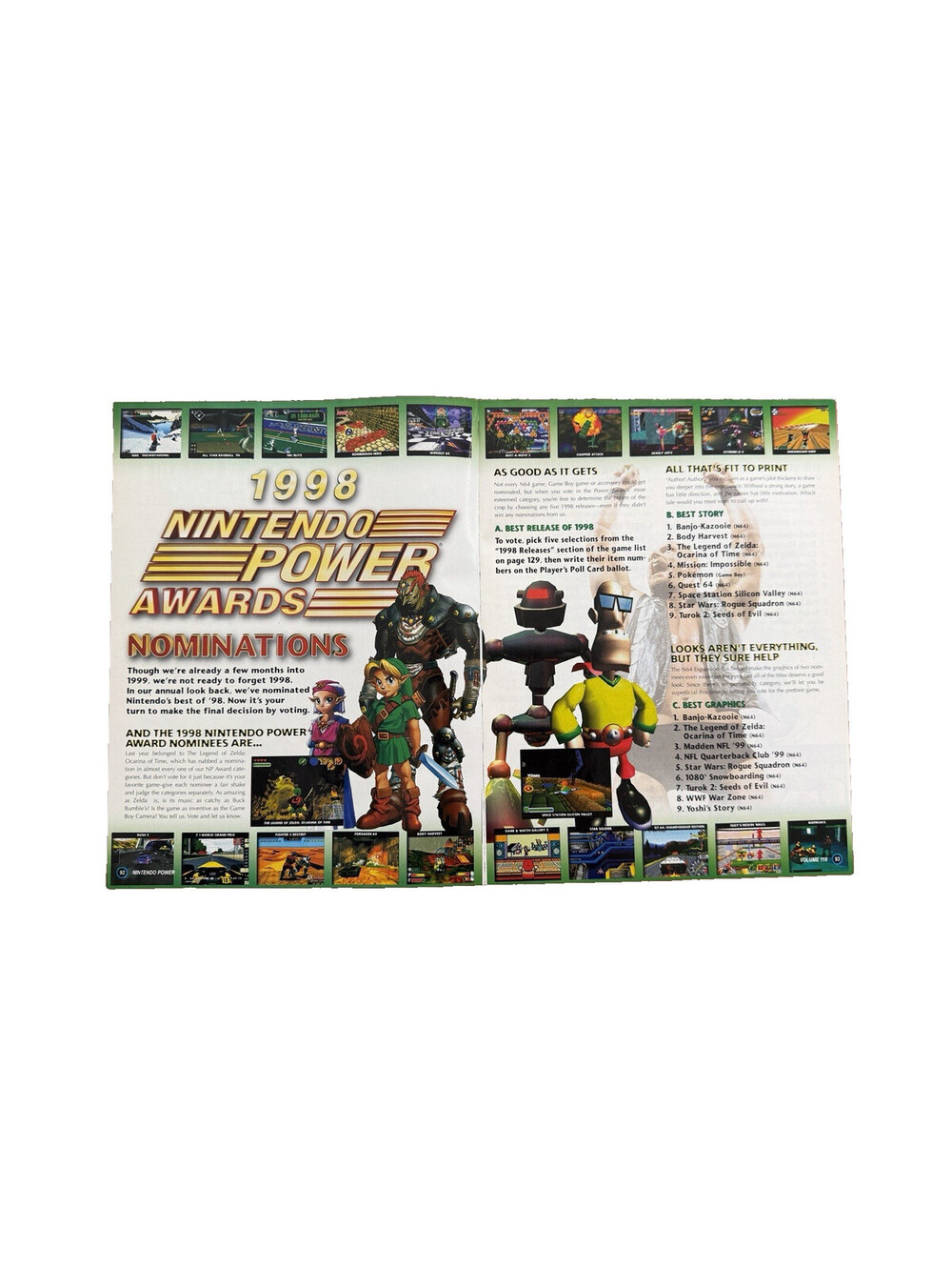1998 Nintendo Power Awards Nominations Print Ad N64 Zelda Link Gaming Retro VTG